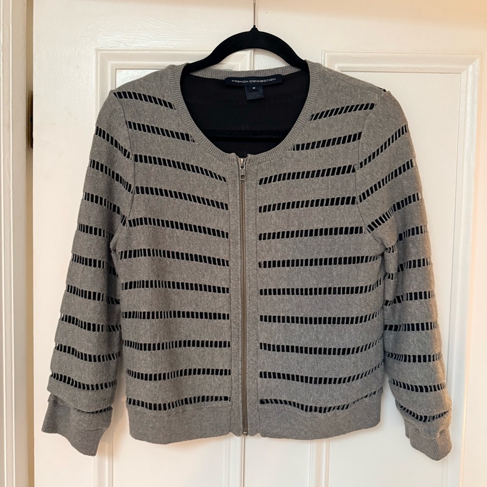 French Connection Gray and Black Zippered Cardigan with Peekaboo Design, size M